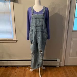 Women's Distressed Light Wash Denim Overalls
